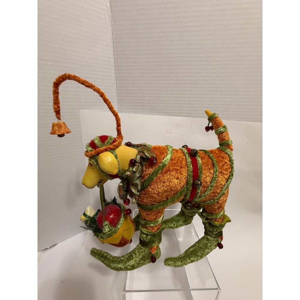 Whimsical Christmas Elf Dog Figurine Orange Green Velvet Jingle Bells Holiday